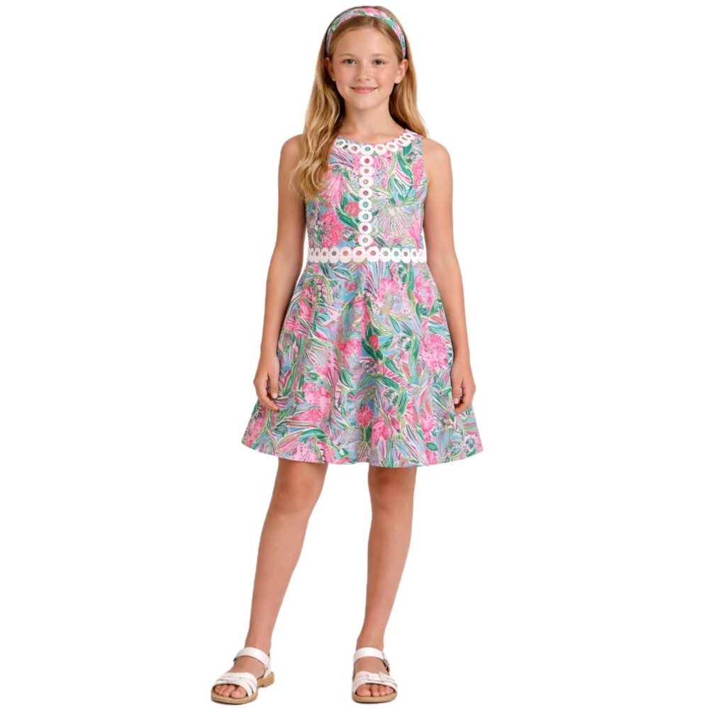 Lilly Pulitzer Pink and Green Floral Kids Dress, Size 14